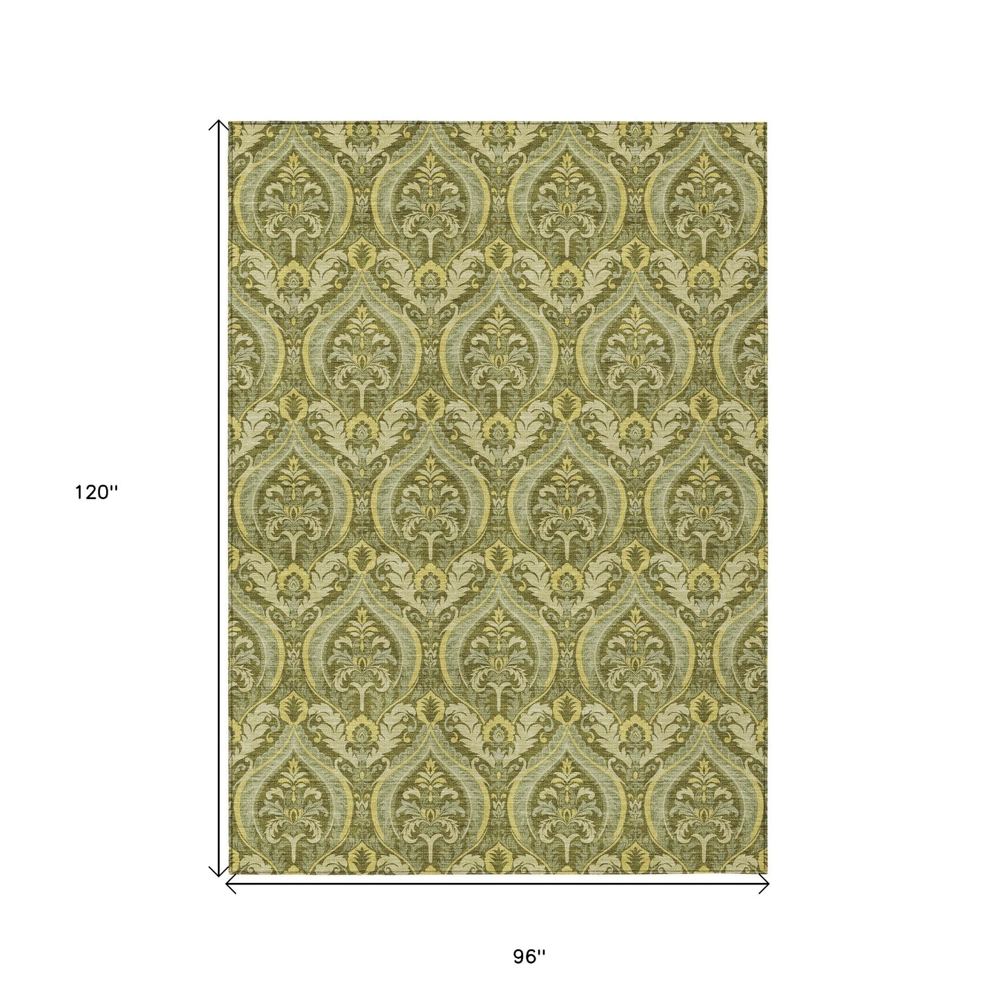 8' X 10' Green Damask Washable Non Skid Indoor Outdoor Area Rug