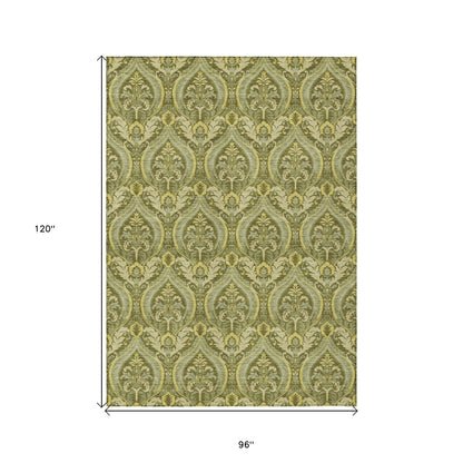 8' X 10' Green Damask Washable Non Skid Indoor Outdoor Area Rug