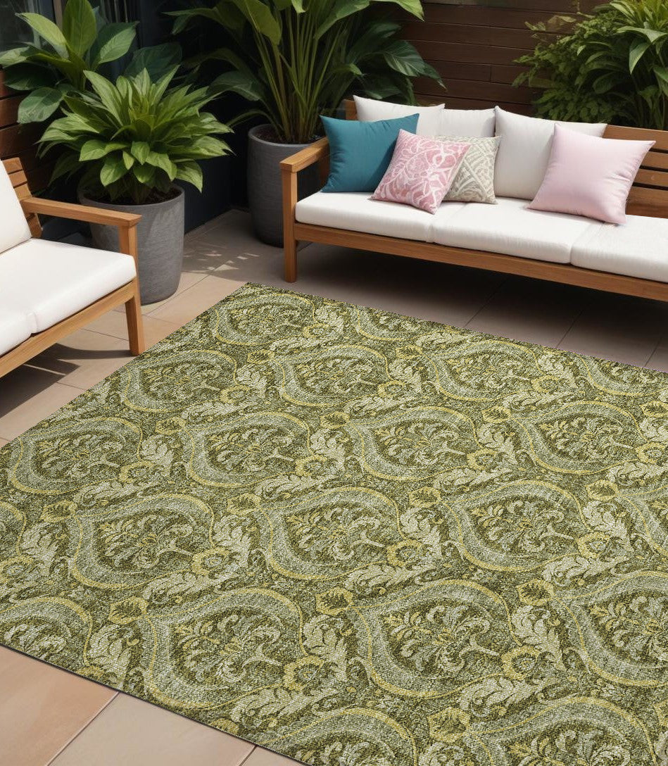 8' X 10' Green Damask Washable Non Skid Indoor Outdoor Area Rug