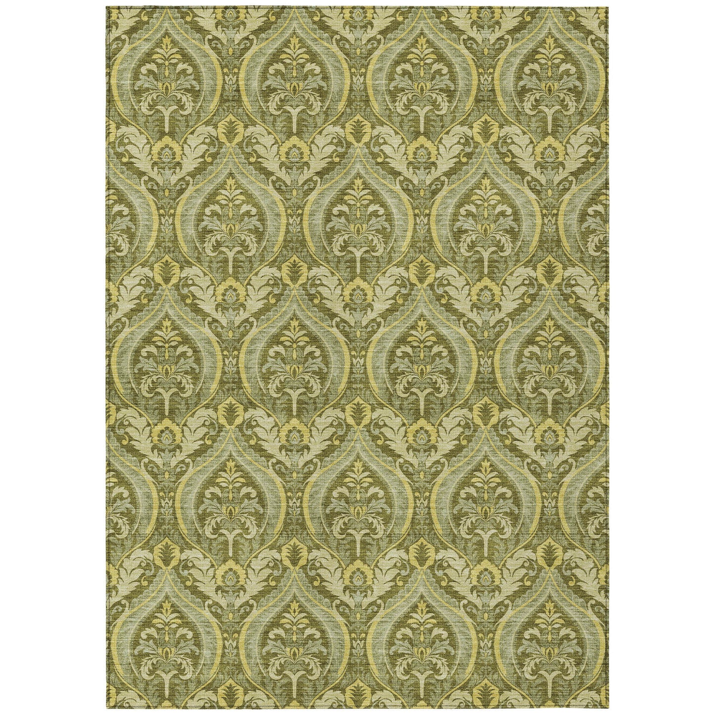 8' X 10' Green Damask Washable Non Skid Indoor Outdoor Area Rug