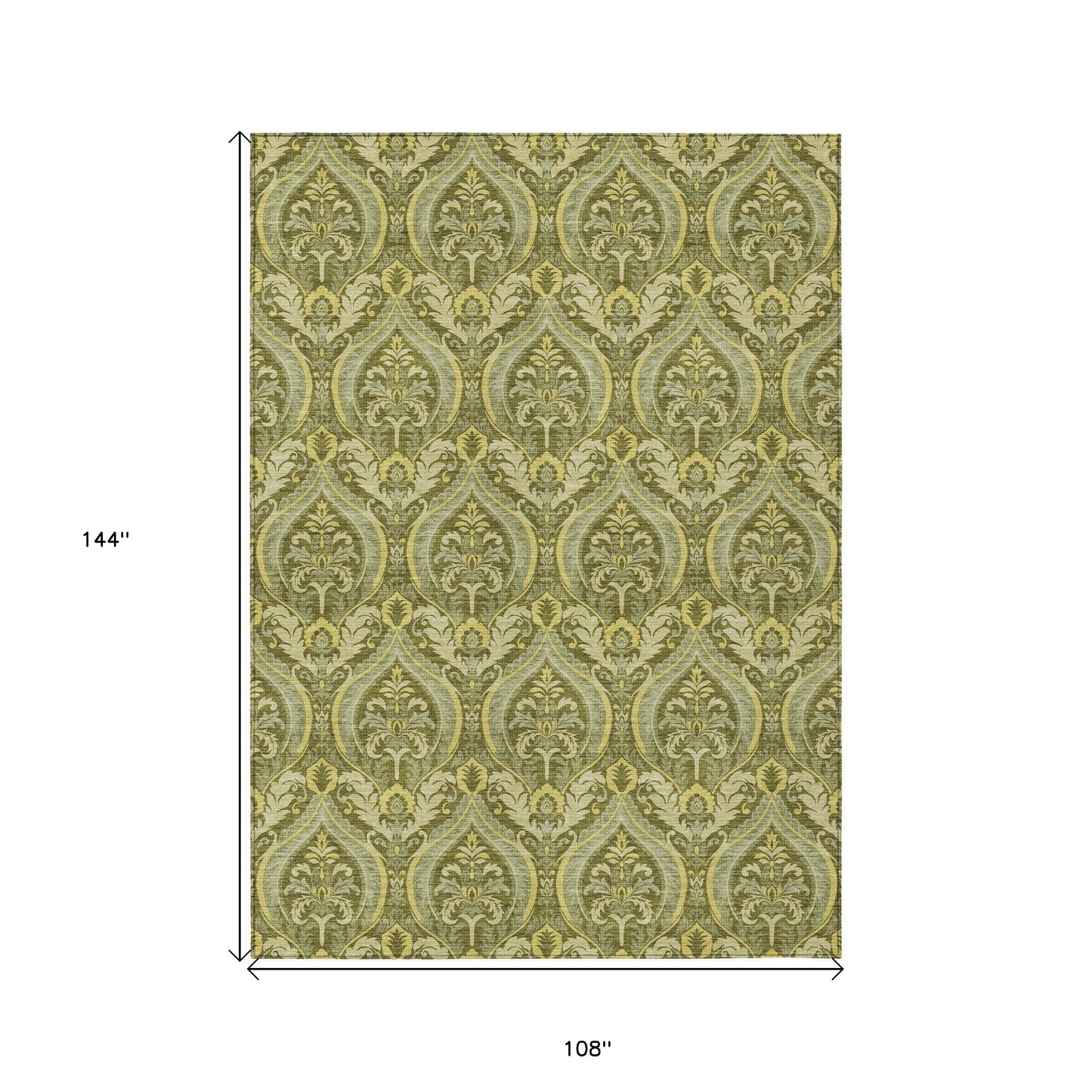 9' X 12' Green Damask Washable Non Skid Indoor Outdoor Area Rug