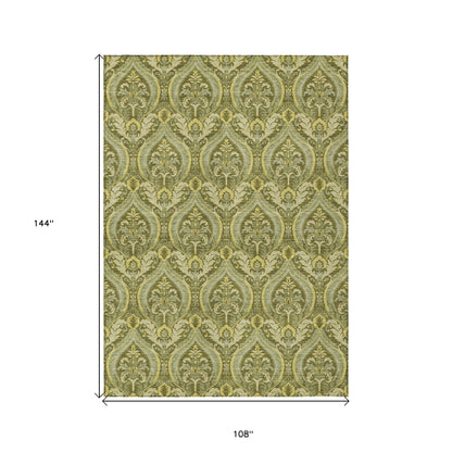 9' X 12' Green Damask Washable Non Skid Indoor Outdoor Area Rug