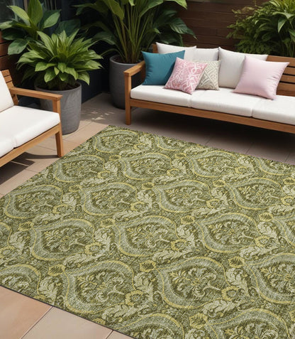 9' X 12' Green Damask Washable Non Skid Indoor Outdoor Area Rug