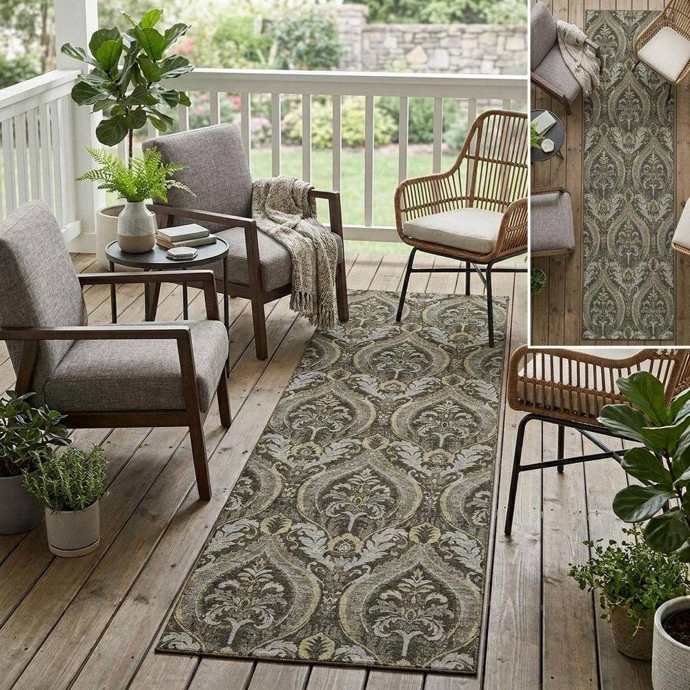 8' Taupe And Beige Damask Washable Indoor Outdoor Runner Rug HomeRoots