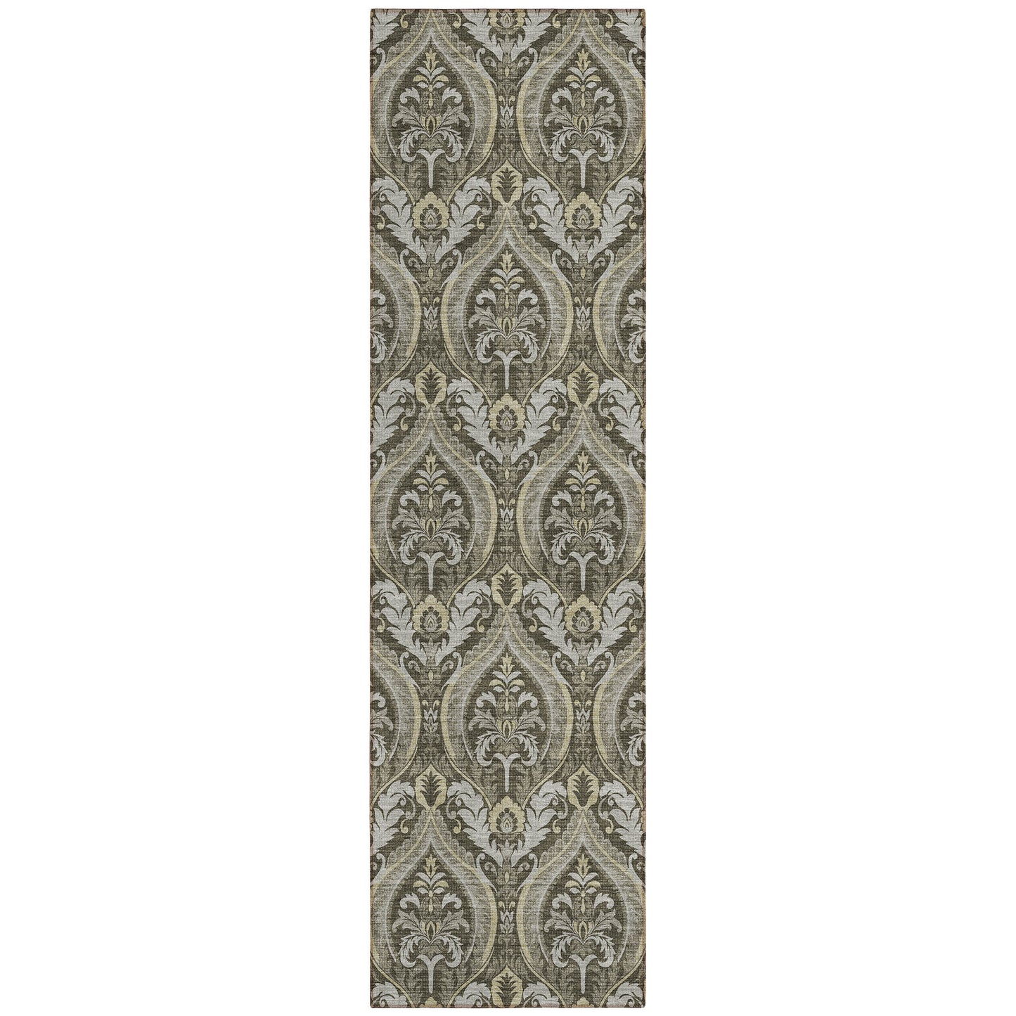 8' Runner Taupe and Beige Damask Washable Non Skid Indoor Outdoor Runner Rug