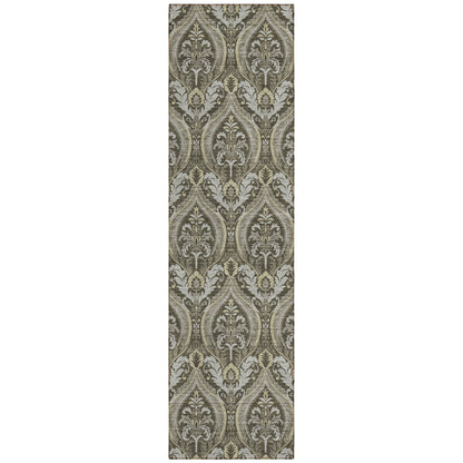 8' Runner Taupe and Beige Damask Washable Non Skid Indoor Outdoor Runner Rug