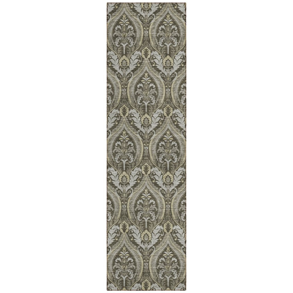 8' Taupe And Beige Damask Washable Indoor Outdoor Runner Rug — view 1