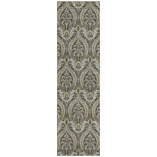 8' Taupe And Beige Damask Washable Indoor Outdoor Runner Rug
