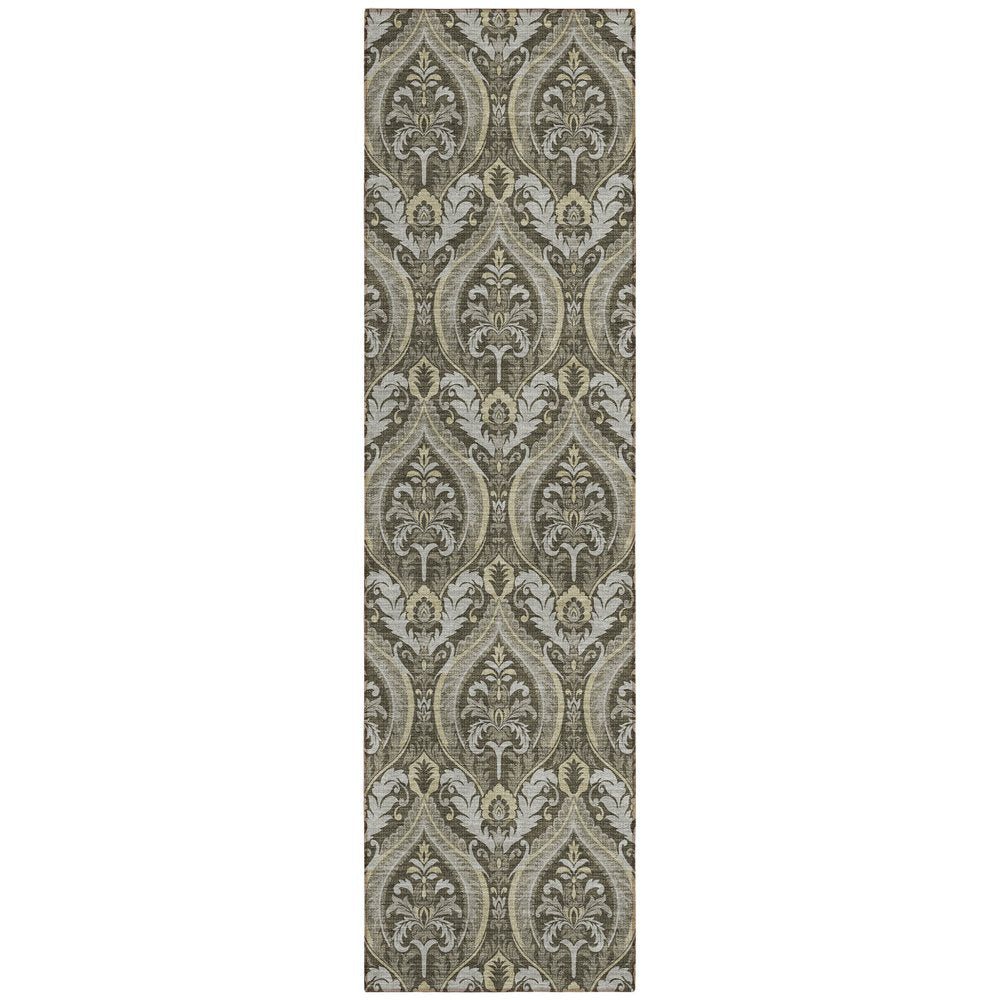 8' Taupe And Beige Damask Washable Indoor Outdoor Runner Rug — view 1