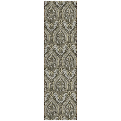 8' Taupe And Beige Damask Washable Indoor Outdoor Runner Rug HomeRoots