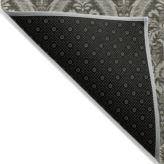 8' Taupe And Beige Damask Washable Indoor Outdoor Runner Rug