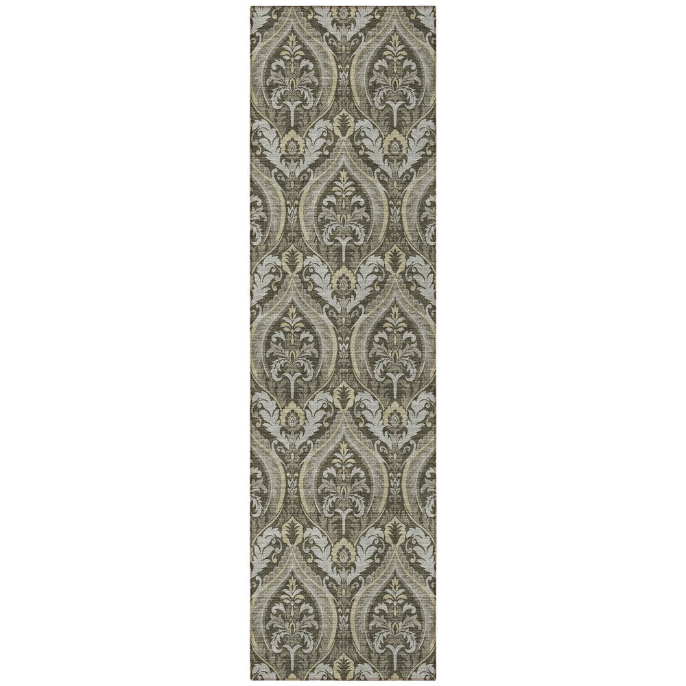 8' Taupe And Beige Damask Washable Indoor Outdoor Runner Rug — view 5