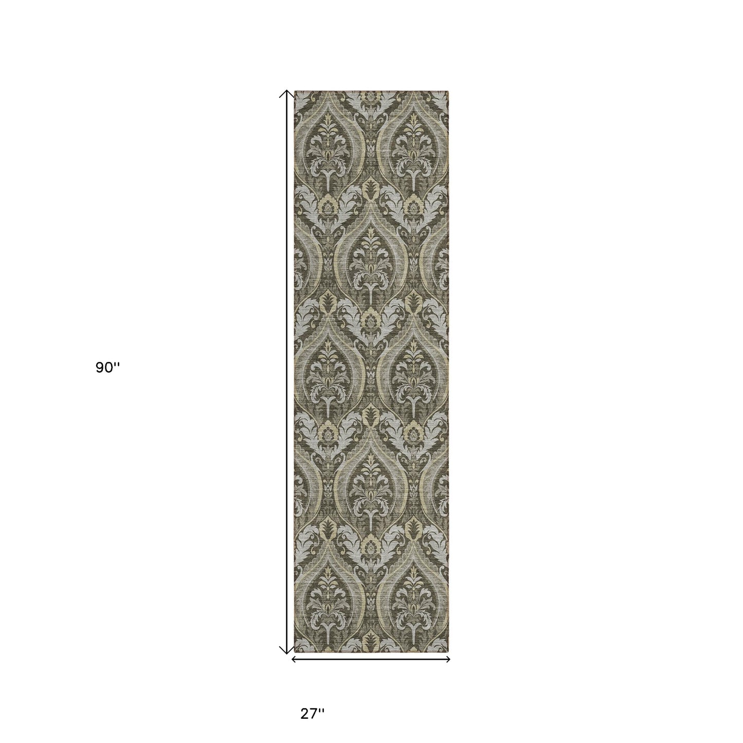 8' Runner Taupe and Beige Damask Washable Non Skid Indoor Outdoor Runner Rug