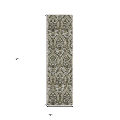 8' Runner Taupe and Beige Damask Washable Non Skid Indoor Outdoor Runner Rug