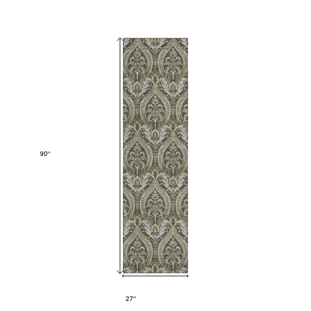 8' Taupe And Beige Damask Washable Indoor Outdoor Runner Rug — view 7