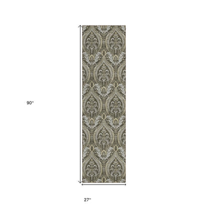 8' Taupe And Beige Damask Washable Indoor Outdoor Runner Rug