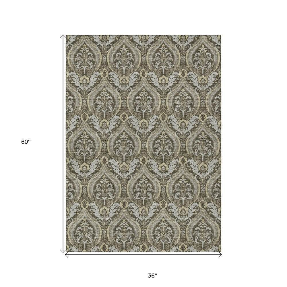 3' X 5' Taupe and Beige Damask Washable Non Skid Indoor Outdoor Area Rug — view 12