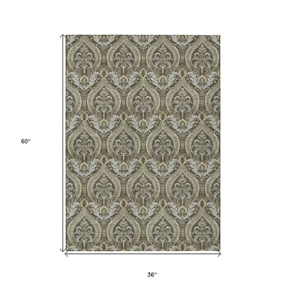 3' X 5' Taupe and Beige Damask Washable Non Skid Indoor Outdoor Area Rug HomeRoots