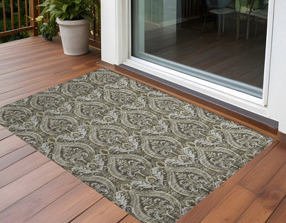3' X 5' Taupe and Beige Damask Washable Non Skid Indoor Outdoor Area Rug HomeRoots