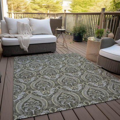 3' X 5' Taupe and Beige Damask Washable Non Skid Indoor Outdoor Area Rug HomeRoots