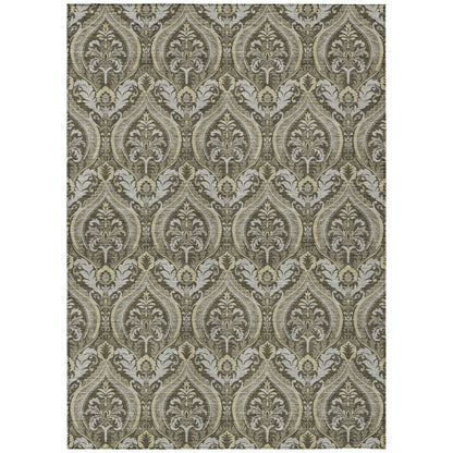 3' X 5' Taupe and Beige Damask Washable Non Skid Indoor Outdoor Area Rug HomeRoots