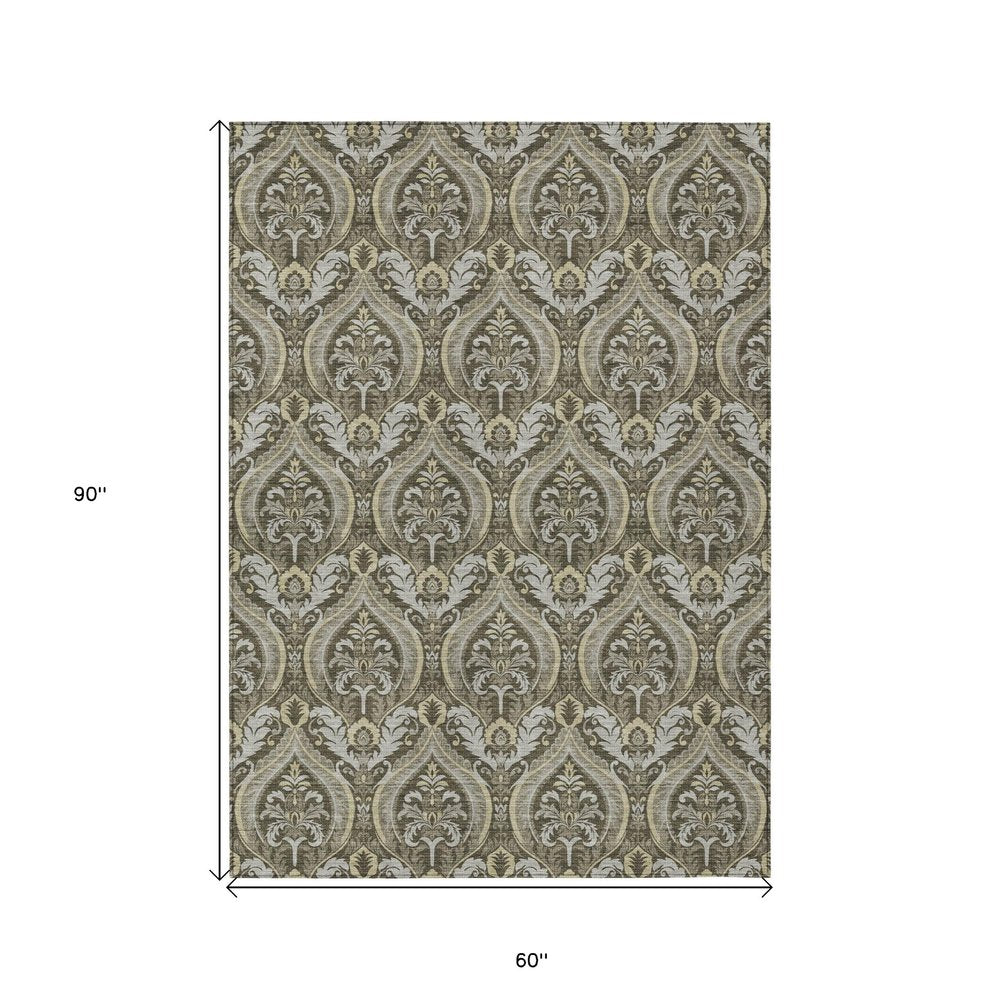 3' X 5' Taupe and Beige Damask Washable Non Skid Indoor Outdoor Area Rug — view 46