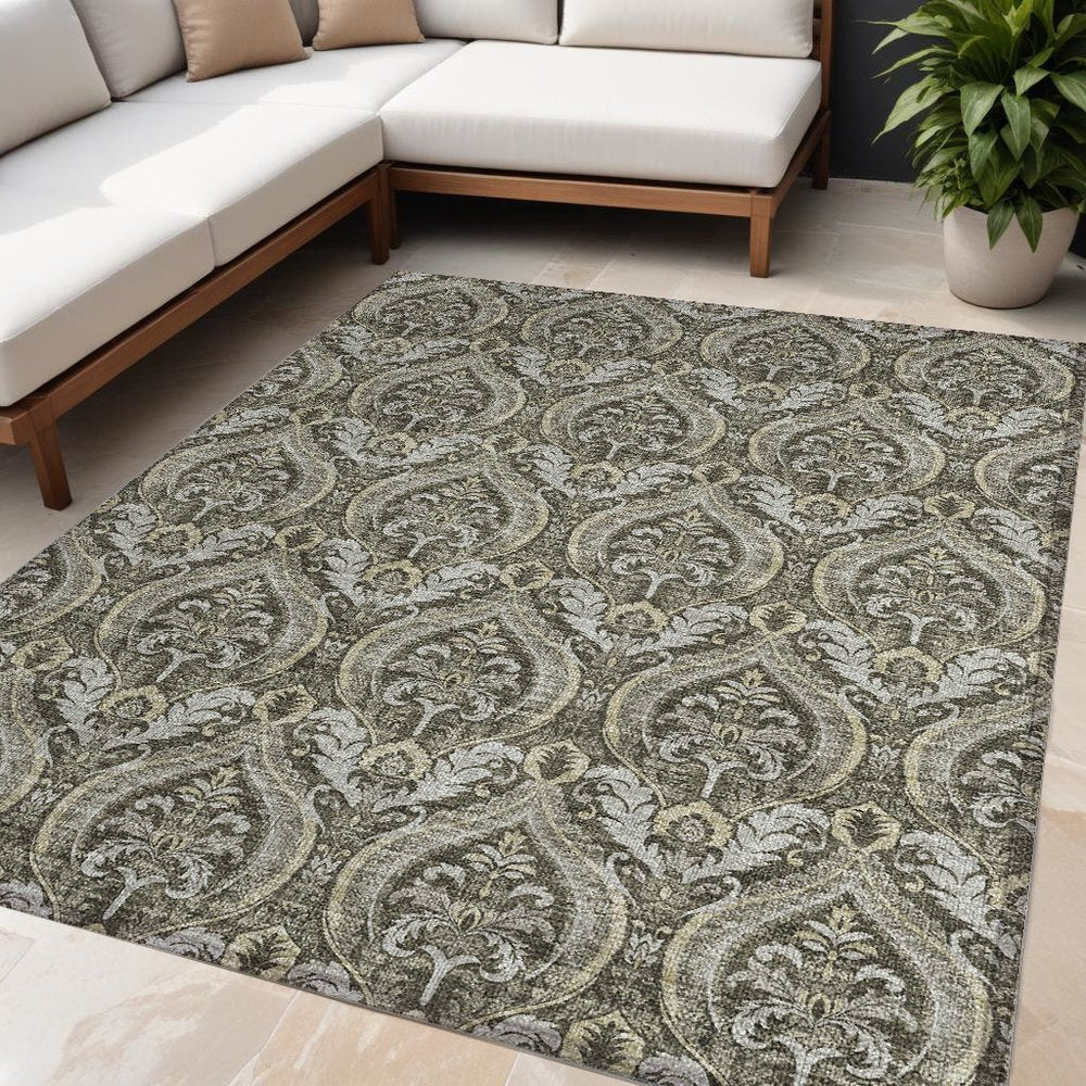3' X 5' Taupe and Beige Damask Washable Non Skid Indoor Outdoor Area Rug — view 25