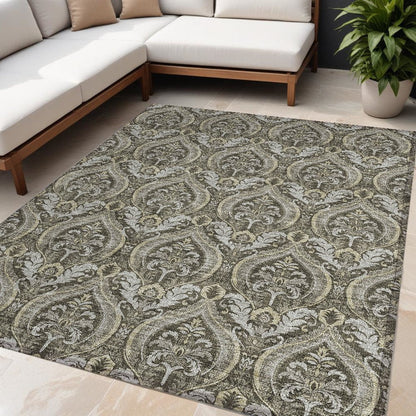 3' X 5' Taupe and Beige Damask Washable Non Skid Indoor Outdoor Area Rug HomeRoots