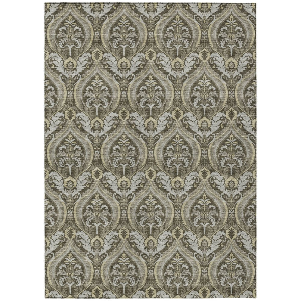 3' X 5' Taupe and Beige Damask Washable Non Skid Indoor Outdoor Area Rug HomeRoots