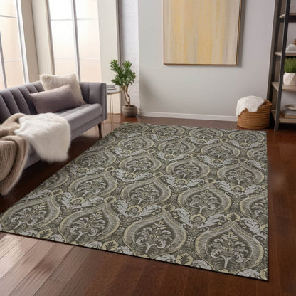 3' X 5' Taupe and Beige Damask Washable Non Skid Indoor Outdoor Area Rug HomeRoots