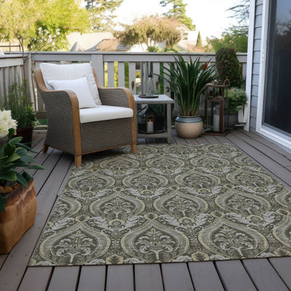 3' X 5' Taupe and Beige Damask Washable Non Skid Indoor Outdoor Area Rug HomeRoots