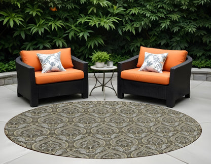 3' X 5' Taupe and Beige Damask Washable Non Skid Indoor Outdoor Area Rug HomeRoots