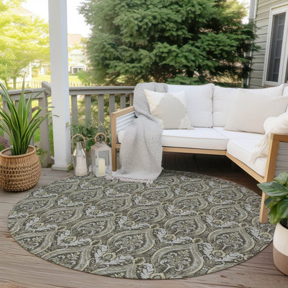 3' X 5' Taupe and Beige Damask Washable Non Skid Indoor Outdoor Area Rug HomeRoots