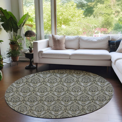 3' X 5' Taupe and Beige Damask Washable Non Skid Indoor Outdoor Area Rug HomeRoots