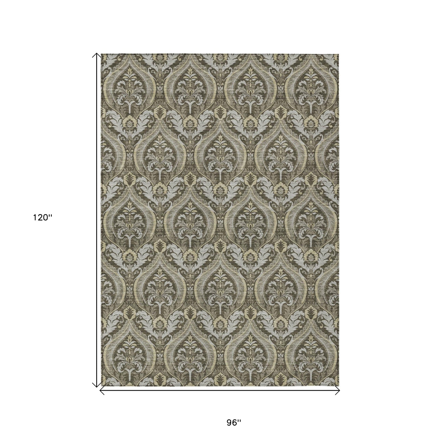 8' X 10' Taupe and Beige Damask Washable Non Skid Indoor Outdoor Area Rug