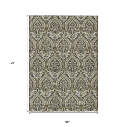 8' X 10' Taupe and Beige Damask Washable Non Skid Indoor Outdoor Area Rug