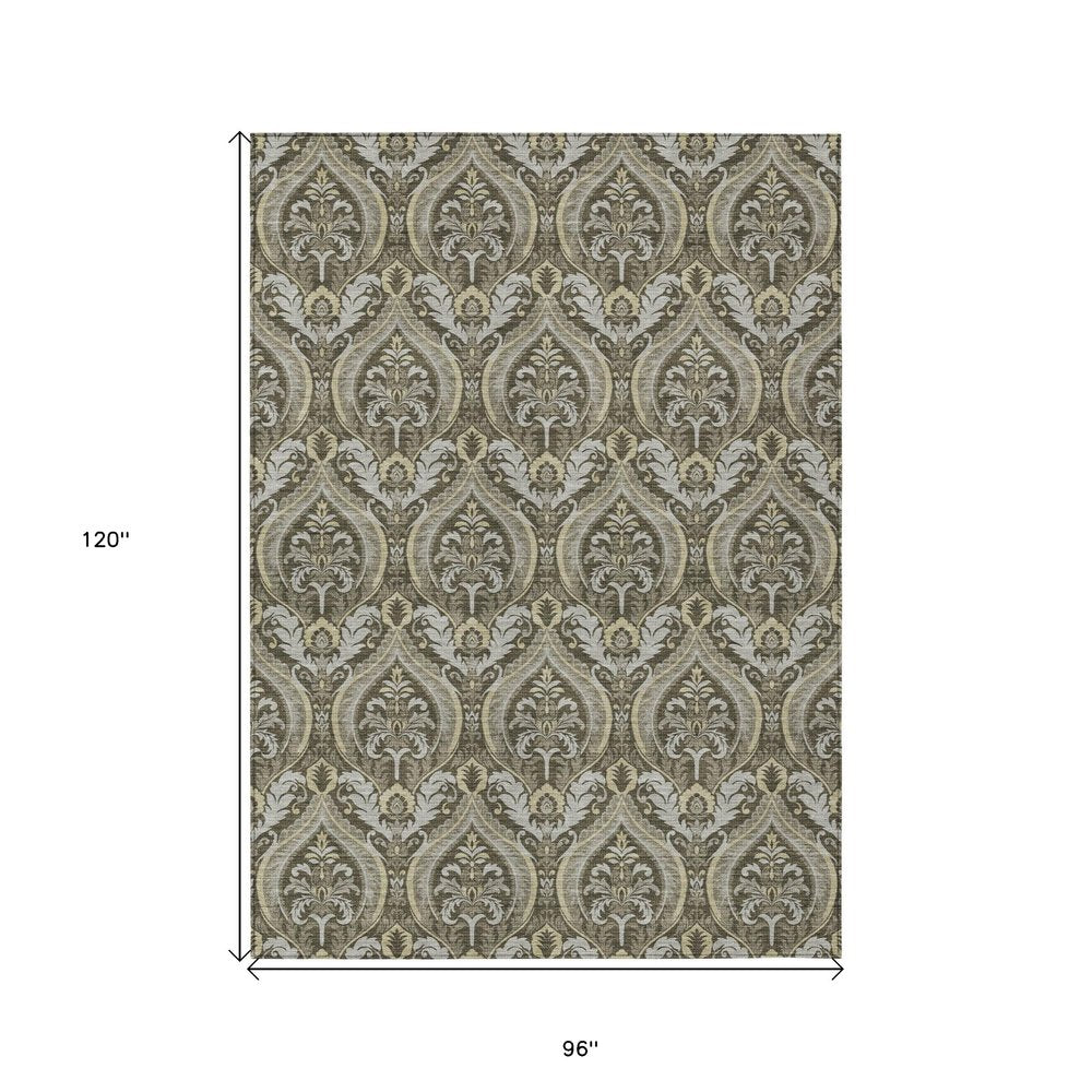 3' X 5' Taupe and Beige Damask Washable Non Skid Indoor Outdoor Area Rug HomeRoots