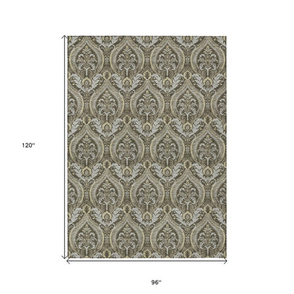 3' X 5' Taupe and Beige Damask Washable Non Skid Indoor Outdoor Area Rug HomeRoots