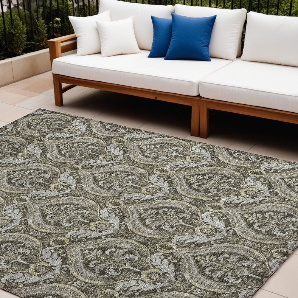 3' X 5' Taupe and Beige Damask Washable Non Skid Indoor Outdoor Area Rug HomeRoots