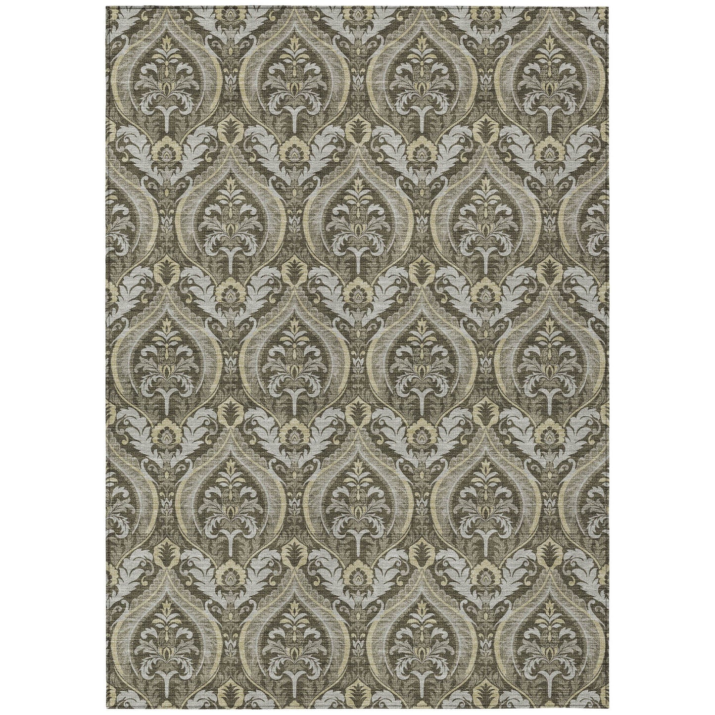 8' X 10' Taupe and Beige Damask Washable Non Skid Indoor Outdoor Area Rug