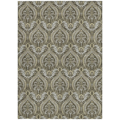 3' X 5' Taupe and Beige Damask Washable Non Skid Indoor Outdoor Area Rug HomeRoots