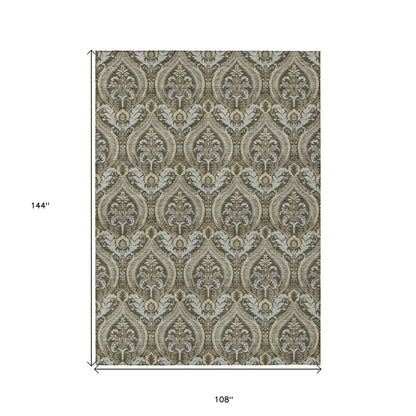 3' X 5' Taupe and Beige Damask Washable Non Skid Indoor Outdoor Area Rug HomeRoots
