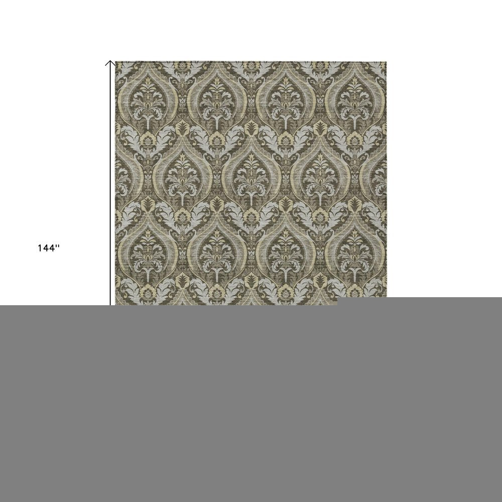 3' X 5' Taupe and Beige Damask Washable Non Skid Indoor Outdoor Area Rug HomeRoots