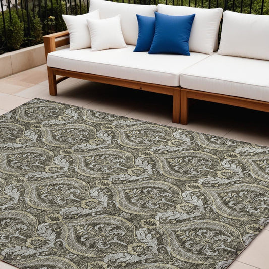 9' X 12' Taupe and Beige Damask Washable Non Skid Indoor Outdoor Area Rug