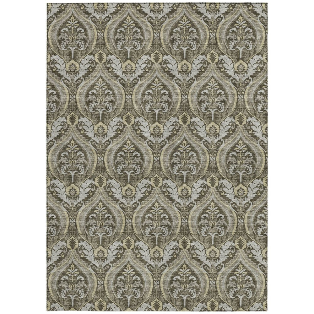 3' X 5' Taupe and Beige Damask Washable Non Skid Indoor Outdoor Area Rug — view 91