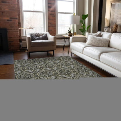 3' X 5' Taupe and Beige Damask Washable Non Skid Indoor Outdoor Area Rug HomeRoots