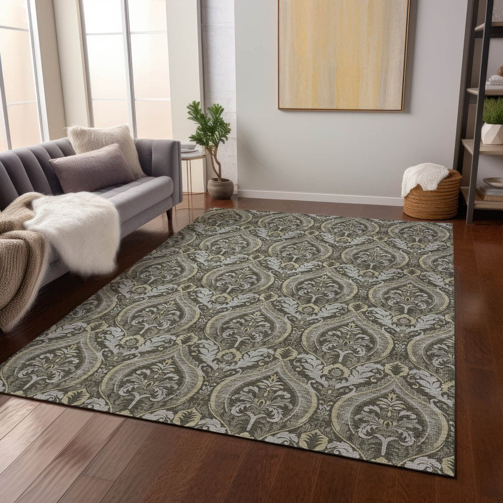 3' X 5' Taupe and Beige Damask Washable Non Skid Indoor Outdoor Area Rug HomeRoots