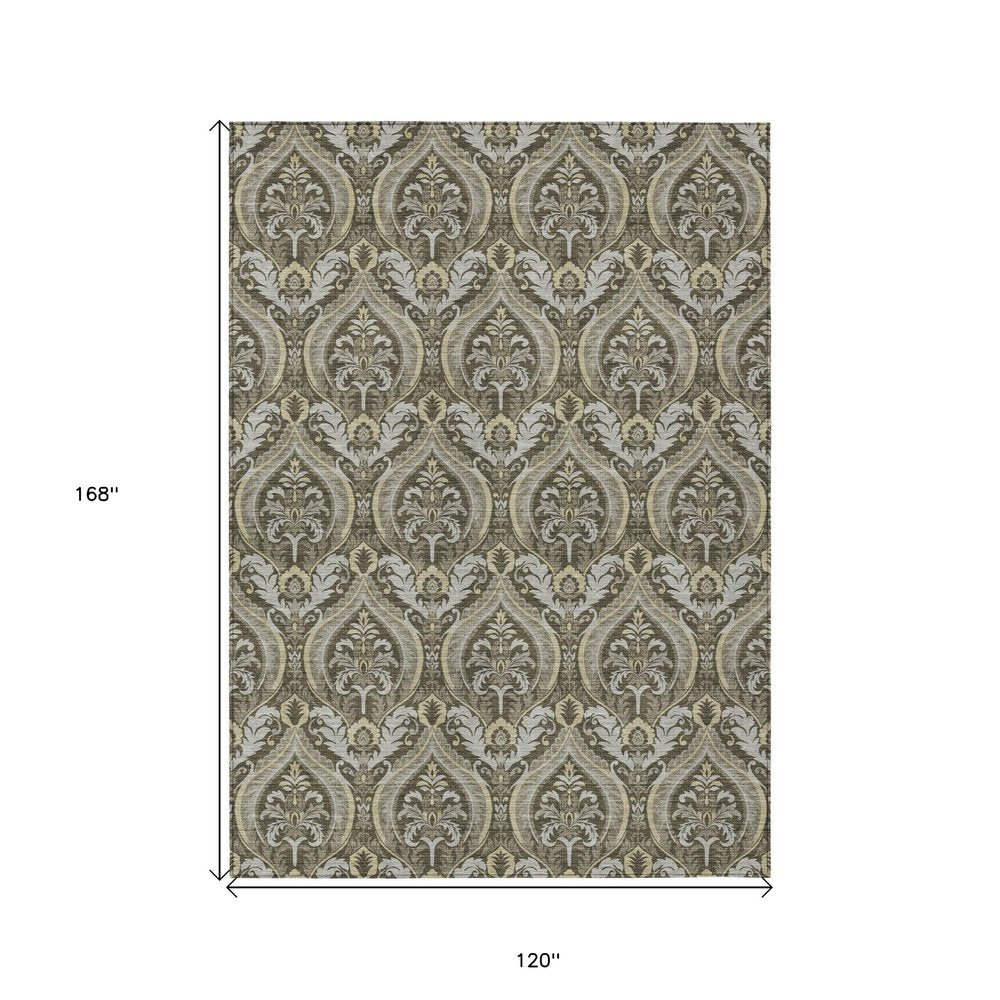 3' X 5' Taupe and Beige Damask Washable Non Skid Indoor Outdoor Area Rug HomeRoots
