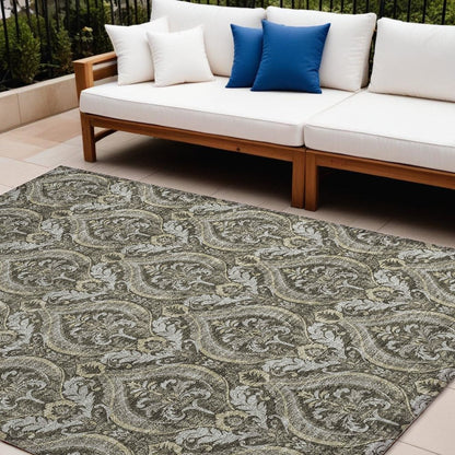 3' X 5' Taupe and Beige Damask Washable Non Skid Indoor Outdoor Area Rug HomeRoots