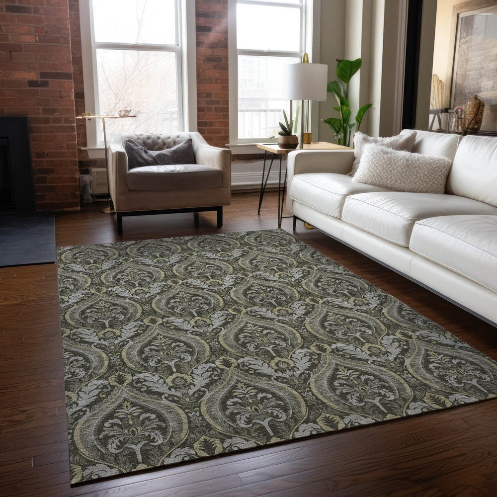 3' X 5' Taupe and Beige Damask Washable Non Skid Indoor Outdoor Area Rug — view 119